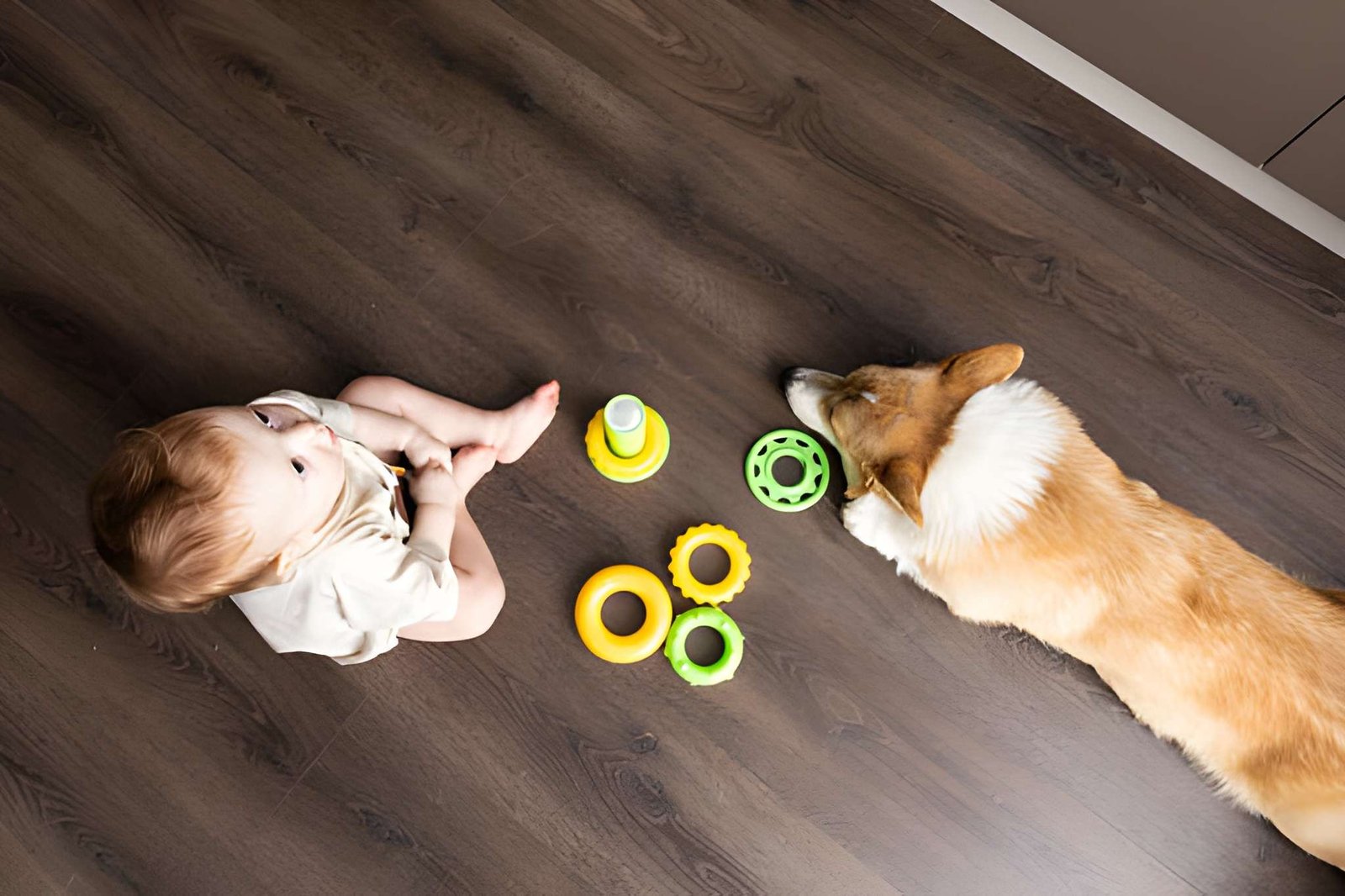 A photo of a little girl sitting down with her dog barefoot on vinyl floors